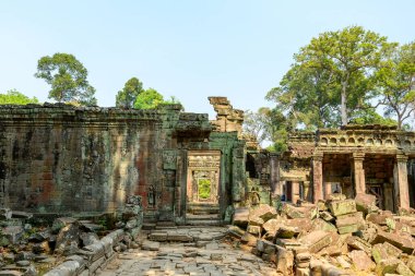 Antik taş koridorlar ve Kamboçya Angkor bölgesindeki Preah Khan tapınağının yıpranmış duvarları gün ışığıyla aydınlatılıyor. Sahnede, tarihi Khmer anıtını çerçeveleyen dağınık duvarcılık, karmaşık oymalar ve gür tropik ağaçlar yer alıyor..