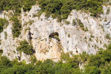 Kısmen yeşil çalılar ve ağaçlarla kaplı, küçük doğal bir kemer içeren kireçtaşı kayalık yüz, Gorges de lArdeche 'de parlak gün ışığında göze çarpıyor. Engebeli kaya dokuları, aşağıdaki yoğun bitki örtüsüyle tezat oluşturuyor.