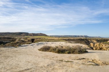 İnce çimenler ve alçak çalılarla kaplı kumlu bir plato, İspanya 'nın Bardenas Reales kentinde parlak mavi bir gökyüzünün altında aşınmış vadileri ve uzak tepeleri gözden kaçırır. Sahne açık, güneşli ve ince toprak tonlarıyla dokunmuş gibi..
