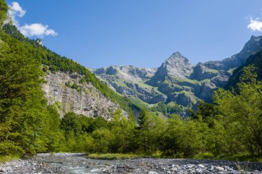 Cirque du Fer-a-Cheval 'deki yüksek kireçtaşı zirvelerinin altındaki yemyeşil orman boyunca sığ ve taşlı bir nehir akar. Parlak güneş ışığı ve berrak mavi gökyüzü engebeli dağ manzarasını ve canlı yaz yapraklarını vurgular..