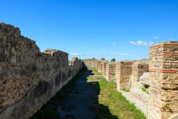 Tarihi taş duvarlar ve tuğla sütunlar İtalya 'nın Paestum kentindeki arkeolojik alanda dar bir koridor oluşturuyor. Sahne parlak güneş ışığıyla aydınlatılır canlı mavi bir Akdeniz gökyüzü altında, yıpranmış duvarcılığın dokusunu vurgular ve açık