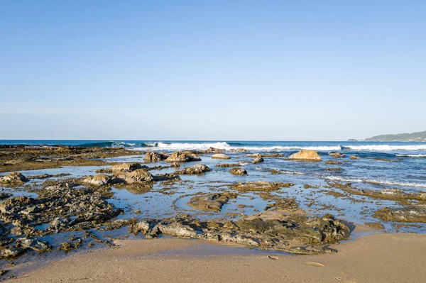 Kotohikihama Sahili 'nde berrak mavi bir gökyüzü altında sığ havuzları ve yumuşak dalgaları olan kayalık gelgit düzlükleri geniş bir manzara oluşturur..