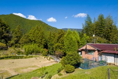 Kızıl metal çatılı yıpranmış bir kır evi, Japonya 'nın Wakayama kentindeki Kumano Kodo patikası boyunca açık mavi gökyüzü altında ağaçların ve çayırların yanında yer alır..