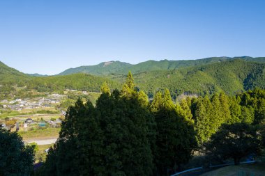 Yoğun yeşil orman manzarası Japonya 'nın Chikatsuyu kentindeki yuvarlanan yeşil dağların eteğindeki küçük bir kırsal köye gidiyor. Açık mavi gökyüzü ve berrak gün ışığı doğal dokuları ve huzurlu manzarayı vurguluyor..