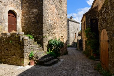 La Couvertoirade 'in dolambaçlı ortaçağ caddesinde yıpranmış taş binalar, kırsal dış merdivenler, kemerli ahşap kapılar, ve bereketli bir yaz gökyüzü altında yemyeşil.