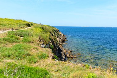 Saint Pierre Quiberon 'daki Pointe Beg-An-Aud' daki engebeli uçurumlar boyunca uzanan güneşli çimen izleri berrak mavi sulara ve parlak bir gökyüzünün altındaki kayalık bir kıyı şeridine tepeden bakıyor..