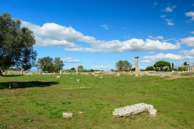 Dağılmış antik taş sütunlar ve alçak duvarcılık kalıntıları İtalya 'nın Paestum kentindeki arkeoloji sahasında geniş bir çimenlik alanda duruyor. Manzara olgun ağaçlar tarafından çerçevelenmiş ve parlak güneş ışığıyla aydınlanmış canlı mavi Akdeniz gökyüzü altında.