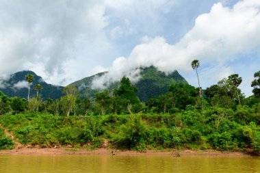 Alçak bulutlar, kuzey Laos 'taki Muang Ngoi yakınlarındaki Nam Ou nehrinin üzerindeki yemyeşil tepelerin zirvelerini aşındırıyor. Yoğun tropikal bitki örtüsü ve yüksek palmiye ağaçları nehir kıyısında parlak bir gökyüzü altında canlı bir manzara yaratıyor..