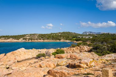 Parlak mavi gökyüzünün altında canlı turkuaz suyu ve yemyeşil tepeleri olan güneşli kayalık sahil, Sardunya kıyılarının engebeli cazibesini yakalıyor..