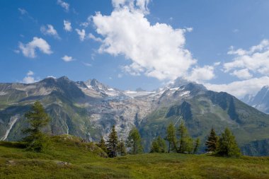 Buzul Du Tour 'un engebeli yeşil yamaçları, ön planda dağınık tarla ağaçları ve kabarık beyaz bulutlarla dolu bir gökyüzünün altında yükselen dramatik tepeler..