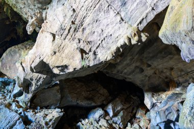 Kavisli kireçtaşı oluşumları Laos 'taki Phu Kham Mağarası' nın gölgeli girişini çerçeveliyor. Sahne, engebeli taş dokularını, katmanlı mineral yataklarını ve karst mağarasının tipik aydınlık ve karanlık etkileşimini ön plana çıkarıyor..