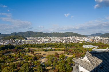 Himejis kentsel siluetinin geniş bir perspektifi. Berrak park alanları ve uzak ormanlık tepelerle çevrili. Açık mavi bir gökyüzü altında gün ışığıyla yakalanmış..