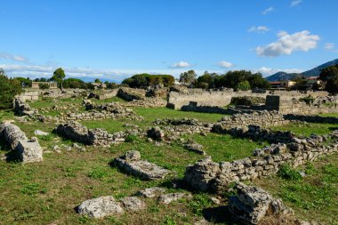 Düşük yıpranmış taş duvarlar ve antik yapıların kalıntıları İtalya 'nın Paestum kentindeki çimenli arkeolojik alanlar boyunca uzanıyor. Sahne berrak güneş ışığıyla aydınlatılır, dağınık ağaçlar ve canlı mavi bir Akdeniz gökyüzü huzur verir.
