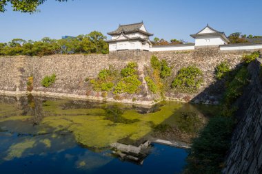 Geleneksel beyaz kale kuleleri antik taş duvarların üzerinde yükseliyor, şekilleri aşağıdaki sakin hendekte yansıyor. Yeşillik ve parlak güneş ışığı Osaka, Japonya 'da canlı ve huzurlu bir manzara yaratır..