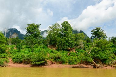Canlı yeşil bitki örtüsü kuzey Laos 'taki Muang Ngoi yakınlarındaki çamurlu Nam Ou nehir kıyısında. Orman tepeleri boyunca sis sürükleniyor, engebeli dağların üzerinde dağınık bulutlar var..