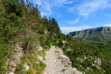Taşlı yürüyüş yolu gür çalılar ve vahşi ağaçlarla dolu verimli bir yamaç boyunca esiyor, dramatik kireçtaşı uçurumlarının panoramik manzarasını sunuyor ve parlak mavi gökyüzünün altında genişleyen yeşil bir vadi..