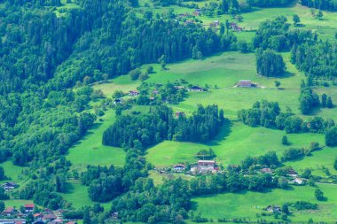 Passy, Haute-Savoie yakınlarındaki yuvarlanan tepelerde yemyeşil çayırlar ve sık ormanlık alanlara kurulmuş dağınık evler ve çiftlik binalarının manzarası gün ışığı altında yükseliyor..