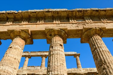 Yukarı doğru çarpıcı bir bakış açısı, İtalya 'nın Paestum kentindeki Neptün Tapınağı' nın dokulu Doric sütunlarını ve antabentini gözler önüne seriyor. Eski taş yüzeyler ve klasik detaylar canlı güneş ışığıyla vurgulanır.