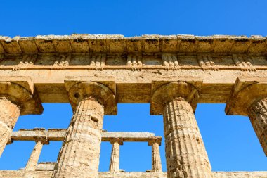 İtalya 'nın Paestum kentindeki Neptün Tapınağı' ndan antik Dorik sütunlara ve yıpranmış taş tablolarına ait ayrıntılı bir bakış açısı, canlı mavi bir gökyüzüne karşı duruyor. Klasik Yunan mimarisi, kıtır güneş ışığıyla vurgulanarak dokulu yüzeyleri ortaya çıkarıyor