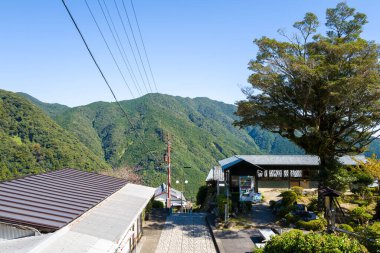 Bilinmeyen konum - 26 Ekim 2023: Kaldırımlı bir yürüyüş yolu, açık mavi bir gökyüzü altında ormanlık bir dağ zeminine kurulmuş elektrik direkleri ve elektrik hatlarıyla birlikte binaların ve büyük bir ağacın yanından geçiyor..