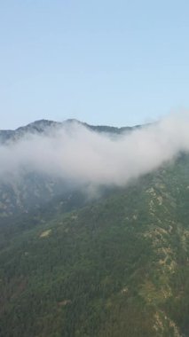 Alçak bulutlar, açık mavi gökyüzünün altındaki Pirenes dağlarındaki yemyeşil orman yamaçlarında sürükleniyor. Sis ve engebeli araziyle sakin doğal manzara.
