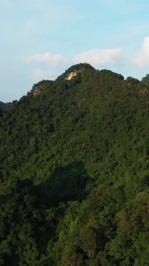 Açık mavi gökyüzünün altında, Vietnam 'ın Cao Bang yakınlarındaki dağlık tepeleri kaplayan yoğun yeşil ormanın havadan görüntüsü. Dokunulmamış doğal manzara seyahat ve doğa kavramları için idealdir..
