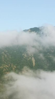 Pire ve alçak bulutlarla kaplı yemyeşil dağlar Pireneler bölgesinde ele geçirildi. Sakin, atmosferik bir atmosferi olan sakin doğal bir manzara..