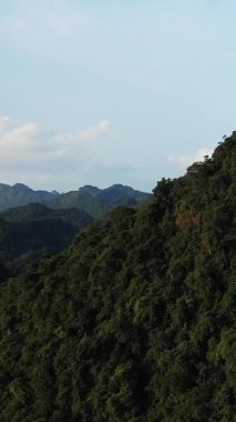 Vietnam 'da, Cao Bang yakınlarında berrak bir gökyüzünün altındaki dağları kaplayan yoğun yeşil ormanın havadan görüntüsü. Seyahat ve doğa kavramları için ideal huzurlu doğal manzara..