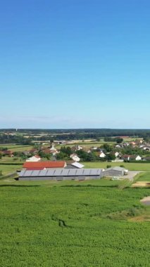 Fransa 'nın Saint-Germain-Chassenay kentindeki açık mavi gökyüzü altında yeşil tarlaların, dağınık ağaçların ve çiftlik binalarının havadan görüntüsü. Tarımsal arazisi ve uzak köyü olan huzurlu bir kır manzarası..