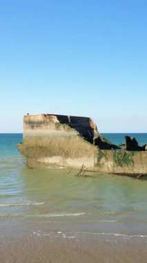 Asnelles, Normandiya 'daki Gold Beach' in sığ sularında, berrak mavi bir gökyüzünün altında yapay bir liman standının beton bir yapısının kalıntıları..