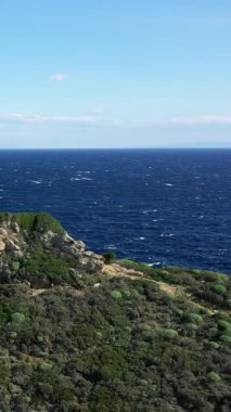 Yunanistan 'ın Porto Kagio kentinde açık bir gökyüzü altında açık mavi denizi gören yemyeşil çalılarla kayalık bir sahil manzarası. Huzurlu Akdeniz manzarası seyahat ve doğa kavramları için ideal.