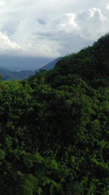 Nong Khiaw, Laos yakınlarında bulutlu bir gökyüzünün altında yuvarlanan tepeleri kaplayan yoğun yeşil ormanın havadan görüntüsü. Canlı doğal manzara seyahat ve doğa kavramları için ideal..