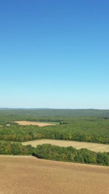 Fransa 'nın kırsal Nivernais bölgesinde açık mavi bir gökyüzü altında yama alanları ve yoğun yeşil orman manzarası. Doğal güzelliği ve açık alanı olan huzurlu tarım arazisi.