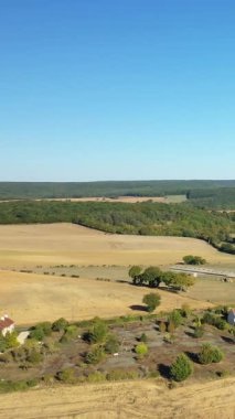 Fransa 'nın Cuncy les Varzy şehrinde açık mavi gökyüzü altında altın tarlalar, dağınık ağaçlar ve kırsal evler. Uzakta tarım arazisi ve ormanın karışımıyla sakin bir kırsal alan..