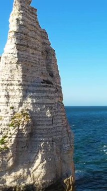 Etretat, Normandiya, Fransa 'da açık bir gökyüzünün altında derin mavi denize bakan beyaz tebeşir kayalığı. Canlı renkleri ve sakin atmosferi olan doğal kıyı manzarası.