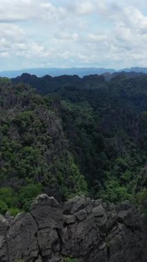 Laos kırsalında bulutlu bir gökyüzünün altında yemyeşil ormanlarla kaplı dramatik kireçtaşı uçurumları. Yoğun tropikal ormanlar ve uzak sıradağlar ile engebeli doğal manzara..
