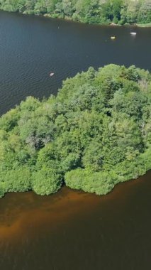 Lac des Settons kıyı şeridi boyunca uzanan yemyeşil ağaçların insansız hava aracı görüntüsü. Uzakta sakin karanlık sular ve tekneler var. Burgundy, Fransa 'da güneşli bir yaz gününde yakalandı..
