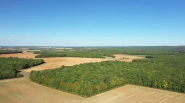 Nivernais kırsalındaki kayan tarlaların ve ormanların açık mavi gökyüzünün altındaki insansız hava aracı görüntüleri. Geniş kırsal alan, tarım arazisi ve orman karışımı..