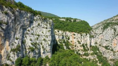 Açık mavi bir gökyüzünün altında Verdon Boğazı, Provence, Fransa 'daki dramatik kireçtaşı uçurumları ve yoğun yeşil ormanın manzarası.