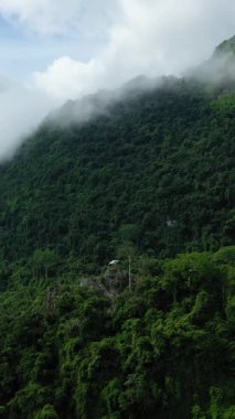 Yoğun yeşil orman, parçalı bulutlu bir gökyüzünün altında Muang Ngoi, Laos yakınlarında sisli bir dağ yamacını kaplar. Sahne, Güneydoğu Asya kırsalının el değmemiş güzelliğini yansıtıyor..