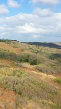 Fransa, Normandiya 'da parçalı bulutlu bir gökyüzü altında kumlu kıyı şeridi, çimenli kum tepeleri ve kıyı bitkileriyle geniş bir manzara..