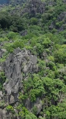 Laos kırsalındaki yoğun yeşil ormanın üzerinde yükselen dramatik kireçtaşı uçurumlarının havadan görünüşü. Dokunulmamış doğa ve engebeli manzara çarpıcı bir doğal manzara yaratır..