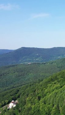 Scenic view of dense green forest covering rolling hills under a clear blue sky in the Vosges mountains, Alsace, France. A peaceful rural landscape with natural beauty and distant buildings.