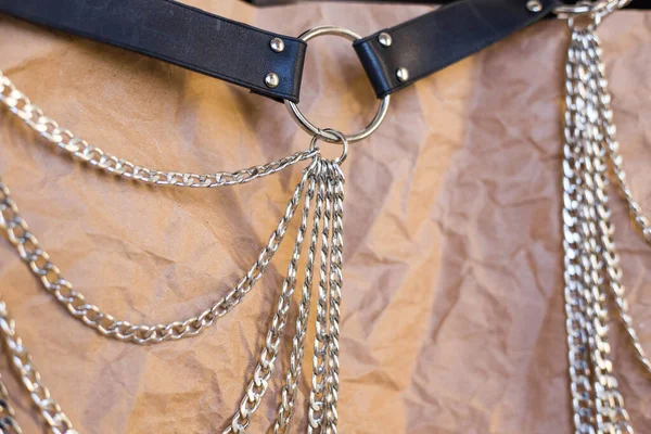 Macro Shot Leather Goods Metal Chains — Stock Photo, Image