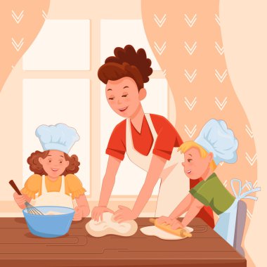 Aile annesi kız ve oğlu birlikte büyük bir masa üzerinde hamur işleri hazırlıyorlar. Çocuklar için çizgi film tarzında vektör düz çizim.