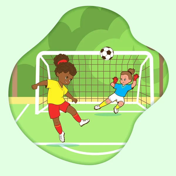 Briefkaart, twee meisjes voetbalspelers die de bal in het voetbaldoelpunt trappen. Vector in cartoon stijl, contour platte tekening voor kinderen — Stockvector