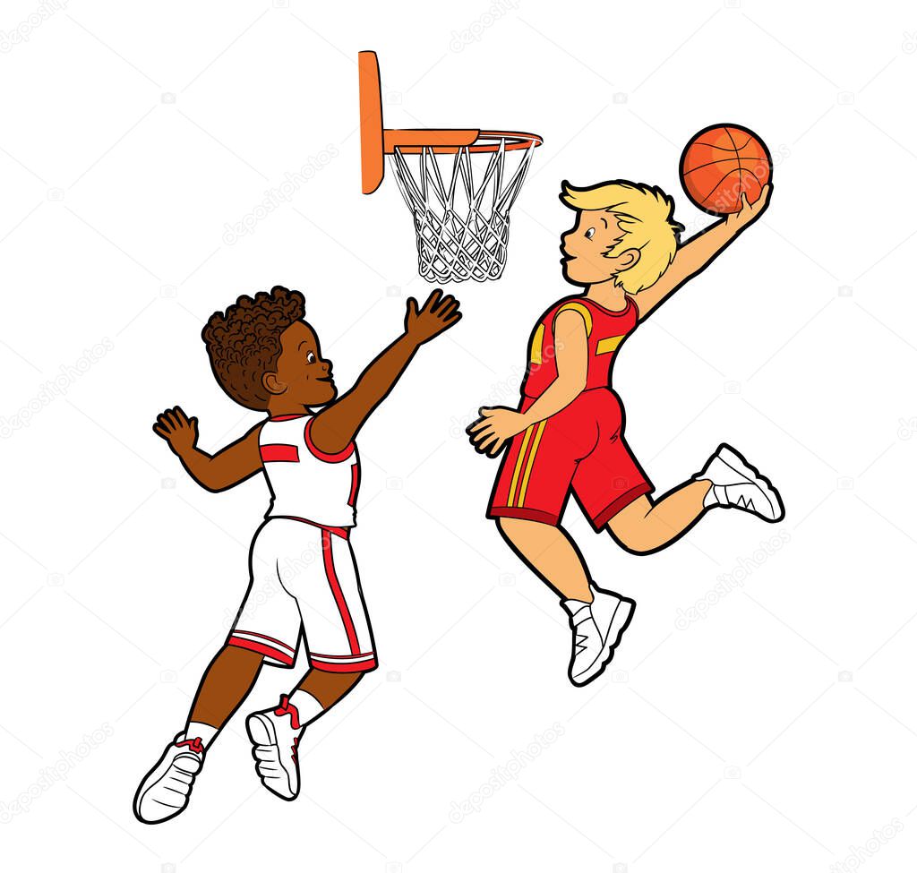 Two young teenage basketball players throw the ball into a basketball basket. Vector illustration in cartoon style, outline drawing for children