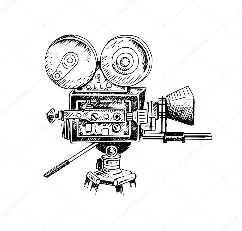 Video camera sketch isolated on white background, hand-drawn in retro style. Vector sketch