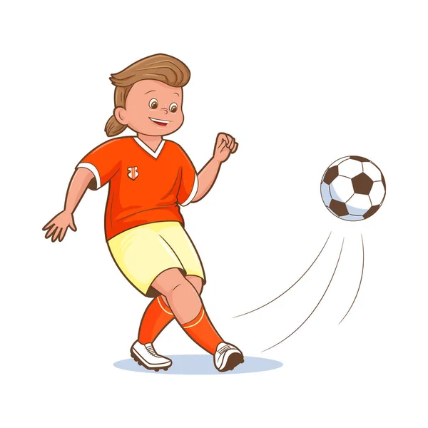 Niño jugador de fútbol camiseta naranja Shert juega fútbol patada bola vector, plano, dibujos animados — Archivo Imágenes Vectoriales