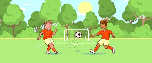 Football joueurs adolescents coups de pied ballon de football vert terrain de football arrière-plan vecteur, plat, style dessin animé, bande dessinée — Image vectorielle